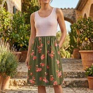 Matilda Jane Dress Womens XS Pink Green Floral Striped Summer Casual Beach
